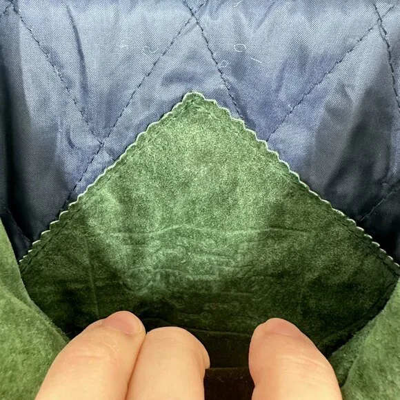 Green & Blue Suede Leather Bomber Jacket 80s Vintage Copper Key Size Medium - Picture 12 of 12